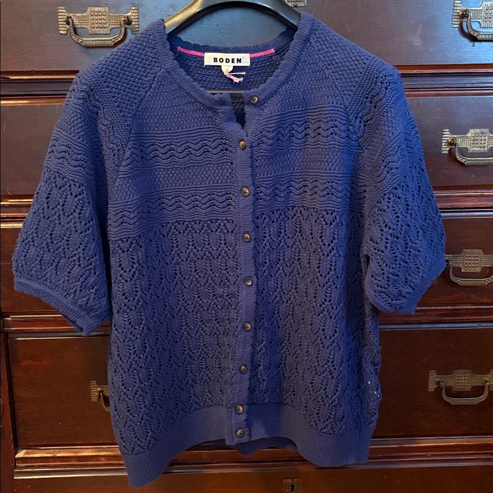 Boden Navy Blue Short-Sleeve Knit Button-Up Cardigan - Picture 2 of 4